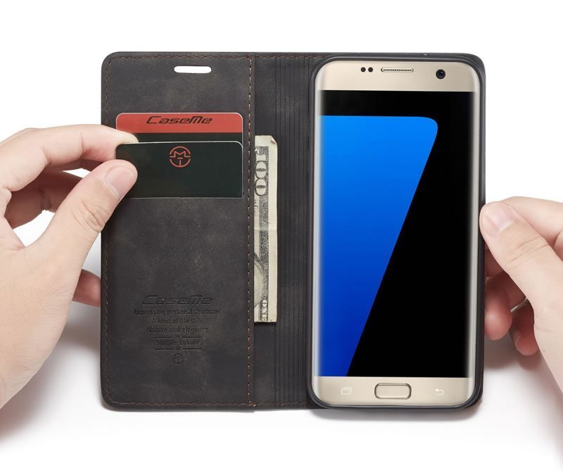 CaseMe Samsung Galaxy S7 Edge Retro Matte Soft Flip Leather Wallet Case Coffee - Image 2