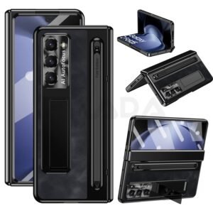 Samsung Galaxy Z Fold Series  Retro Leather Case with S Pen Holder, Slim Stylus, Hinge Protection Kickstand and Screen Protector