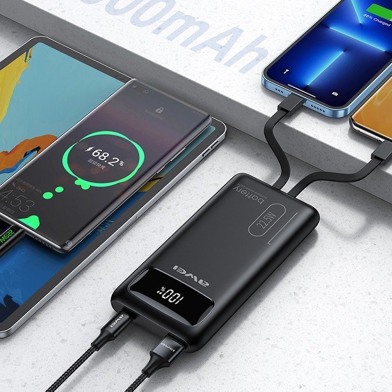 Awei P169K 20000mAh 22.5W Fast Charging Dual Input Dual Output with Built-in Cable LCD Display Power Bank - Image 4