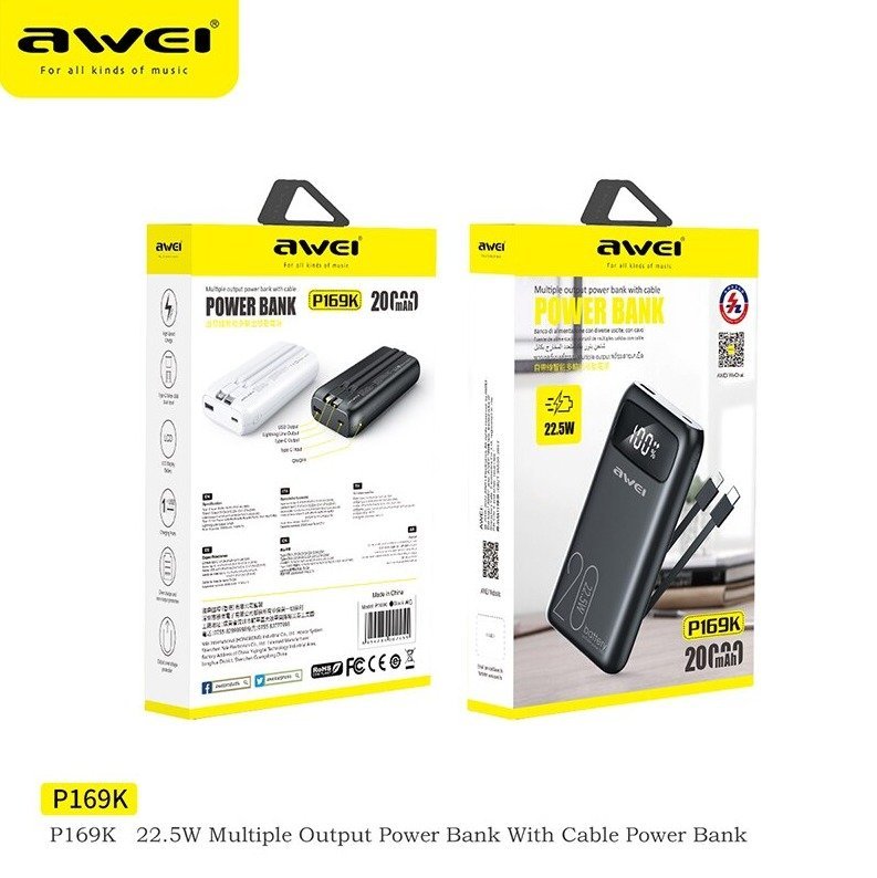 Awei P169K 20000mAh 22.5W Fast Charging Dual Input Dual Output with Built-in Cable LCD Display Power Bank - Image 12