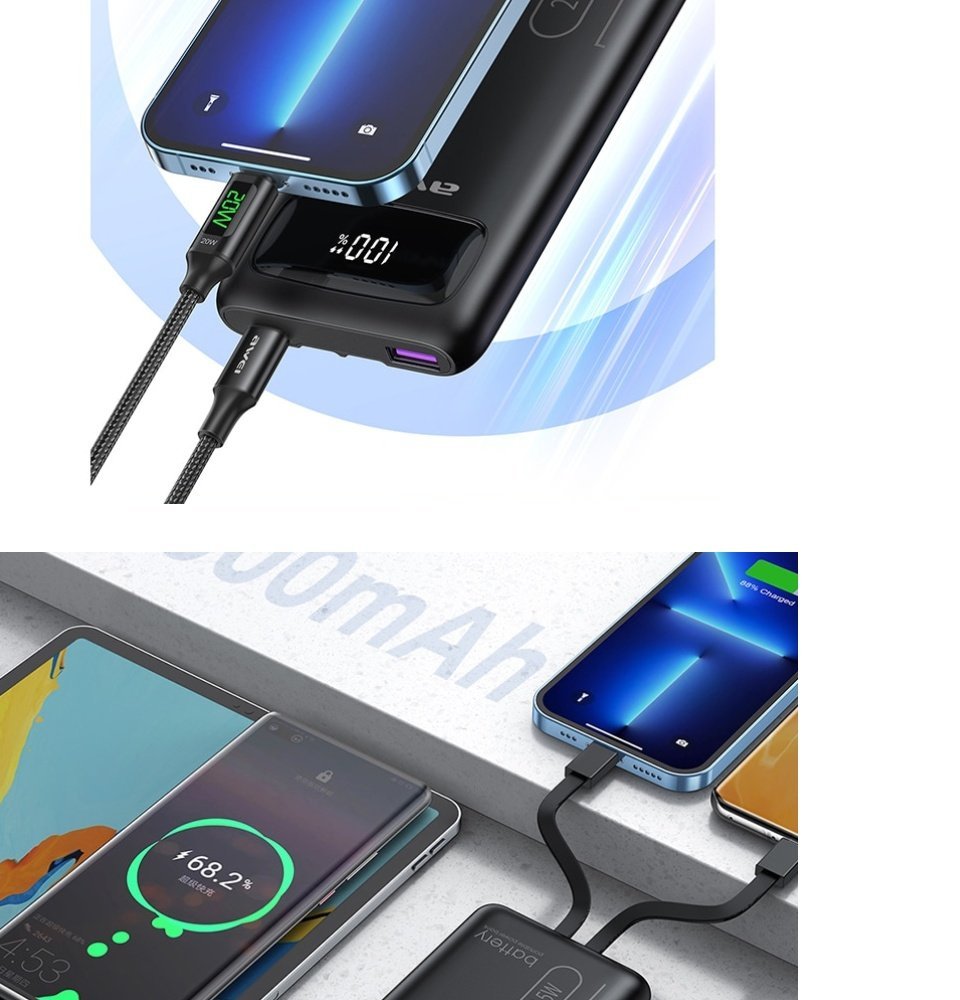 Awei P169K 20000mAh 22.5W Fast Charging Dual Input Dual Output with Built-in Cable LCD Display Power Bank - Image 7